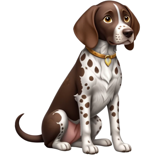 cinematic-[german pointer]-realistic-full-body-sitting-emoji,-tail-resting-loosely-beside-its-paws,-head-tilted-dramatically,-sleek-[brown and white spotten]-fur,-simplified-yet-realistic-focused-features,-highly-detailed,-glowing-with-an-almost-sarcastic-glow emoji