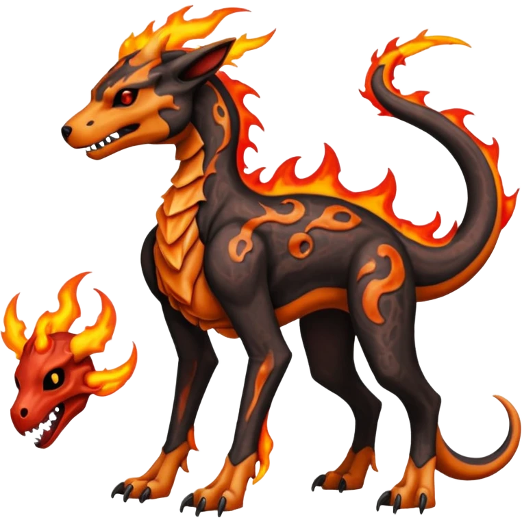Skeletal Fiery Flaming Volcanic Draconic Cubone-Salandit-Houndoom-Houndour-Marowak-Poochyena-Litten-Fakémon-hybrid-creature (full body), 4 legs emoji
