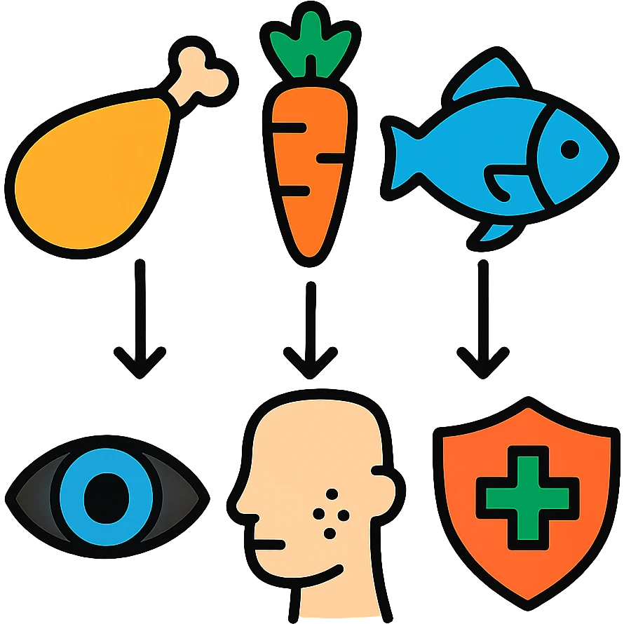 Food sources of Vitamin A: chicken, fish, and carrots with arrows pointing to healthy eye, skin and immune system emoji