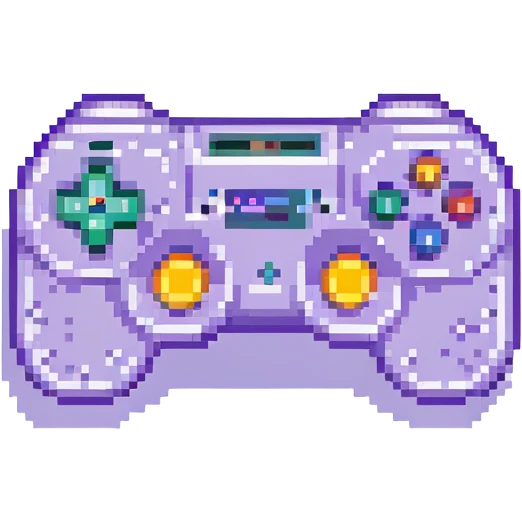 A pixel art style business card with a purple background and white text, featuring a pixel art game controller icon. emoji