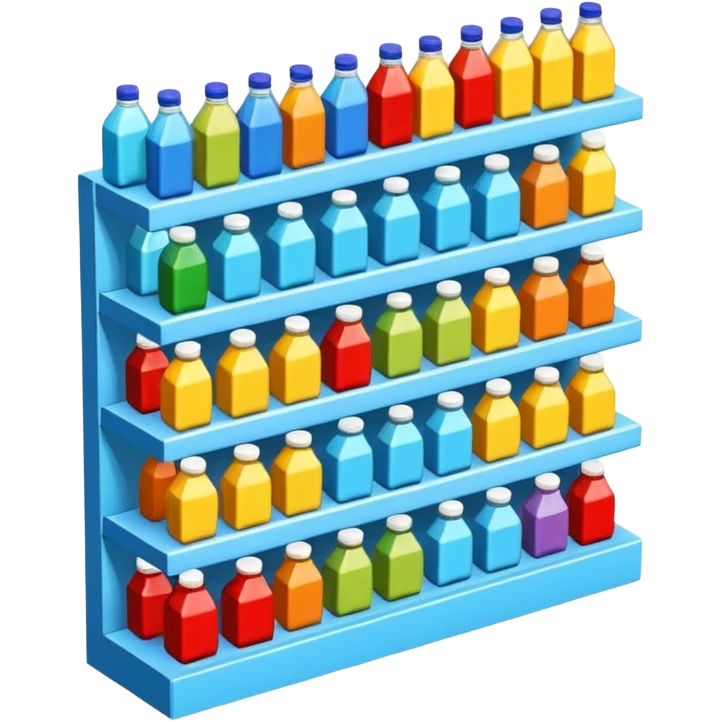 3D warehouse shelf with drinks bottles and products, 
organized retail shelves, colorful product packages, store inventory, 
transparent background, emoji style, realistic, isometric view emoji