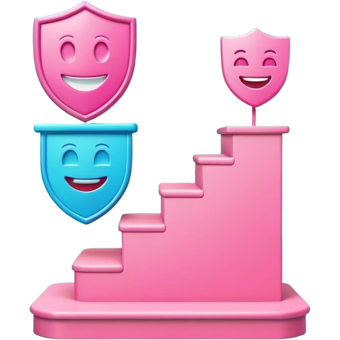 Minimalist 3D emoji-style podium with 2 steps on a green chroma key background. Step 1 (higher) features a handshake icon with blue neon glow. Step 2 (lower) features a smiling tooth with a shield icon and pink neon glow. Clean rendering, soft colors, uniform lighting. emoji