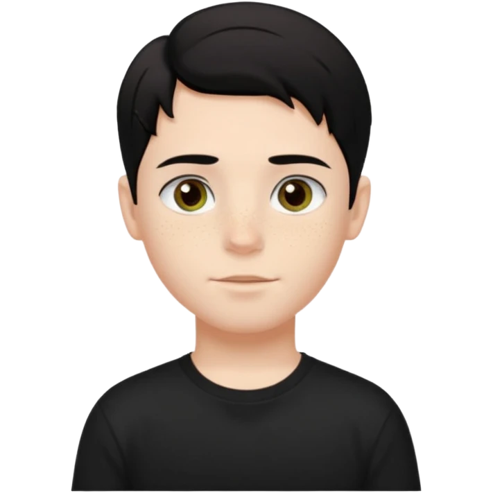 A beautiful boy with black hair and hazel green and brown eyes and white skin , with dark freckles and black t shirt with HAIRCUT: middle part hair hair with a center part haircut  emoji