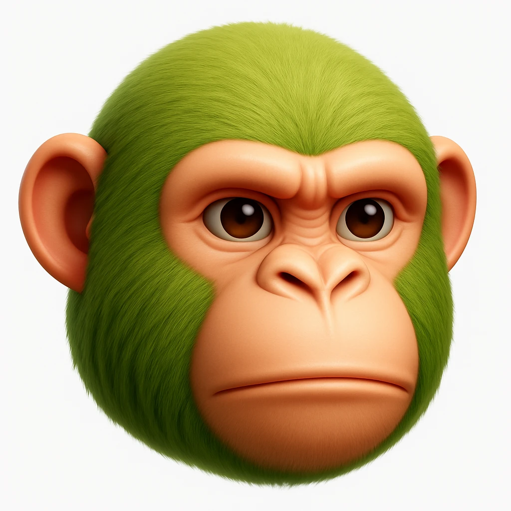 Create a chimpanzee emoji that looks exactly like the reference image in iOS emoji style. The emoji should have 3D appearance, shiny surface, smooth gradients, soft shadows, and realistic green fur on the chimpanzee face with a classic emoji look. emoji