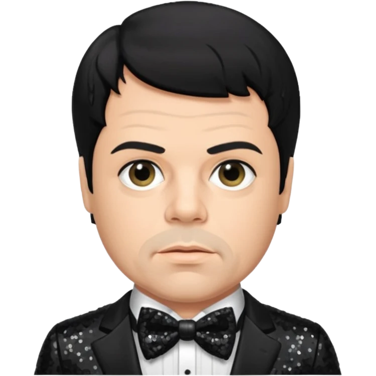 Oliver Reed with black hair, black sequin suit with bow tie emoji