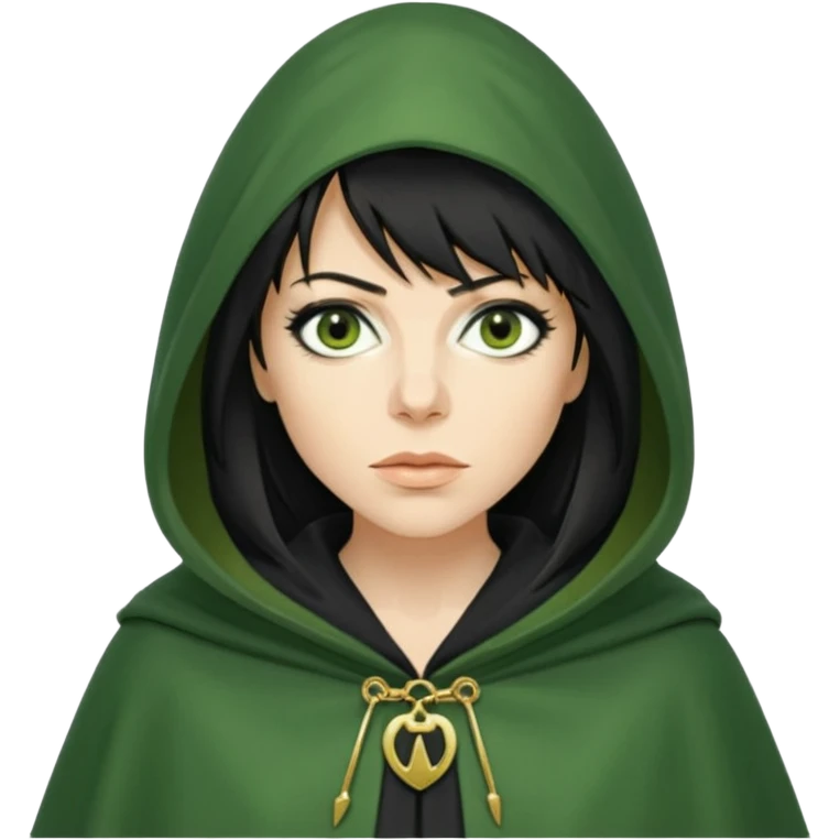 claudia winkleman as a traitor with a green hooded cloak with a gold clasp and dark strong black eyeliner emoji