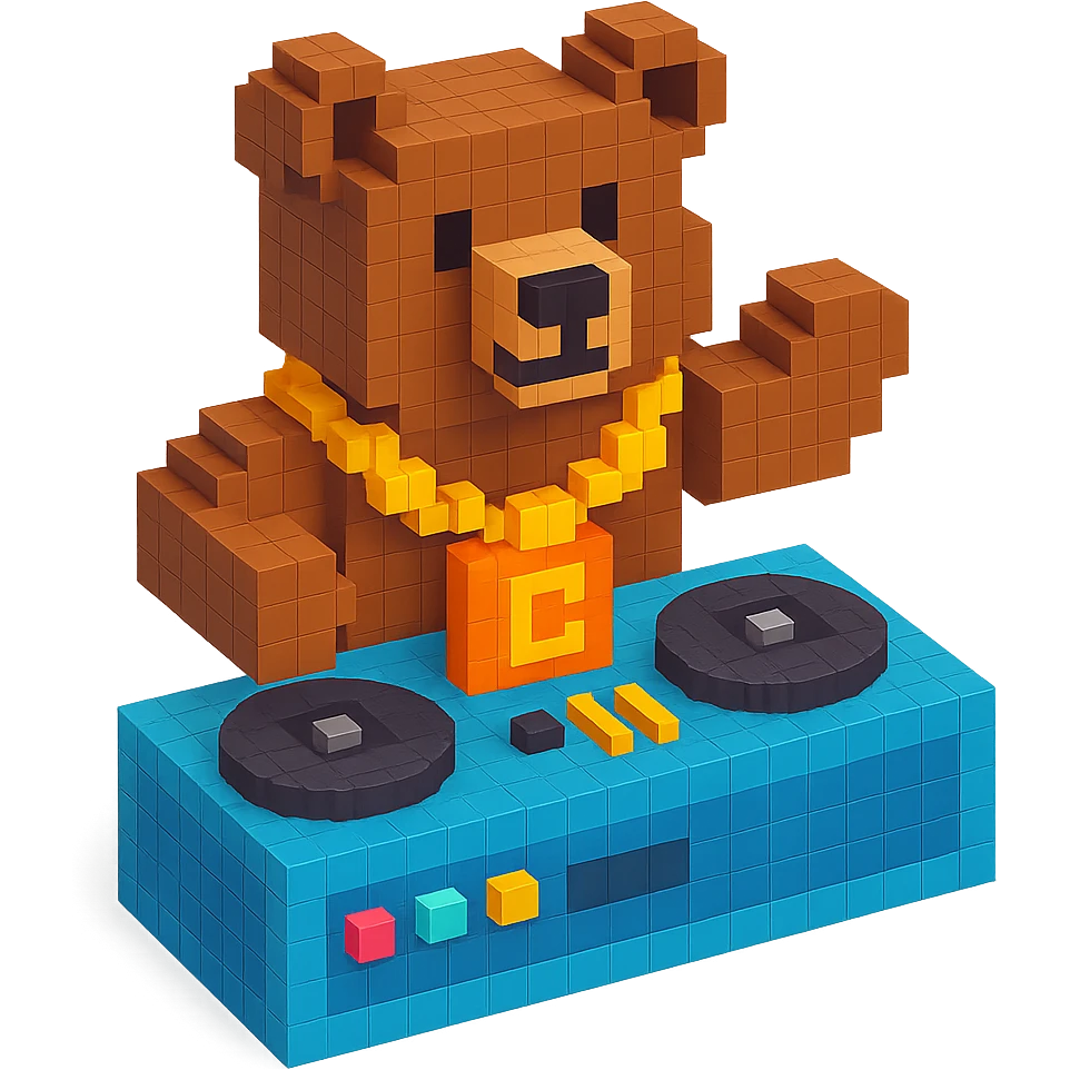 Russian grizzly bear with a rapper chain and a DJ setup emoji
