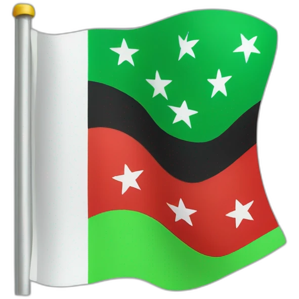 A flag consisting of three sections, the top is green, the middle is white with three red stars, and the bottom is black emoji