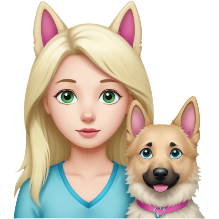 White European young woman with blue-green eyes and long blond hair with 1 pink streak in her hair with her white German Shepherd dog with pink nose and short fur emoji