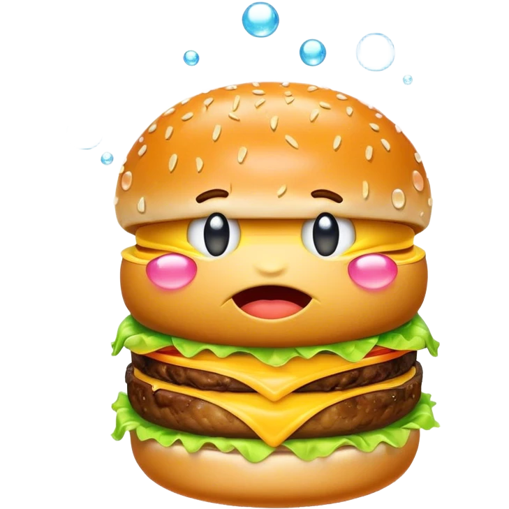 Yellow emoji eating burger with bubbles around it crying emoji