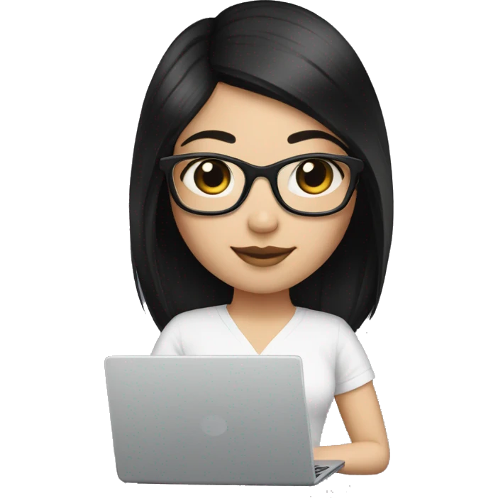 Create me a girl with a square cut, black hair, and square glasses and white skin with a laptop emoji