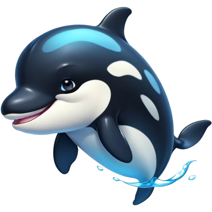 Cinematic Cute orca Portrait Emoji, Head tilted playfully and inquisitively, featuring a smoothly rounded body with bright, sparkling eyes and an adorable, friendly smile, Simplified yet irresistibly adorable features, highly detailed, glowing with a warm, ocean-blue glow, high shine, affectionate and lively, stylized with a touch of whimsical aquatic charm, soft glowing outline, capturing the essence of a mischievous yet endearing orca that seems as if it could leap right into your heart! emoji