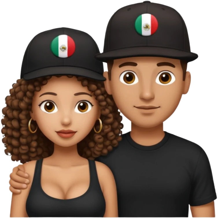 A picture of a loving tanned couple. the guy is Mexican, with a bald hair cut and he has a SnapBack hat on. The girl is mixed, the girl is wearing a black shirt, the girl has brown curly big hair and the girl has big boobs  emoji