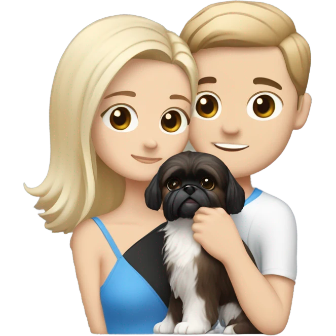 White man with blonde hair and blue eyes and woman with brown eyes and hair hugging with black and white shih tzu emoji