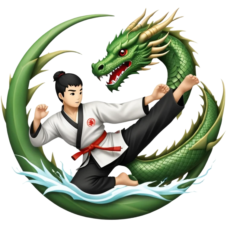 An icon symbolizing Eastern martial arts in the style of an emblem, featuring a black-and-white Yin-Yang symbol at the center and a powerful dragon wrapping around it. A martial artist is performing a fluid kick, surrounded by elements like a dojo and bamboo. Transparent background emoji