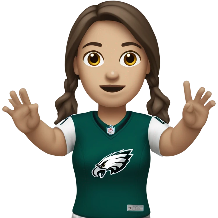 Philadelphia Eagles fan with hands up, woman, white skin, brown hair and brown eyes emoji