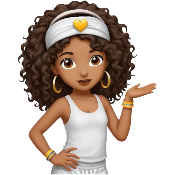 Dancing brown girl with long darn brown curly hair with headband hip hop emoji