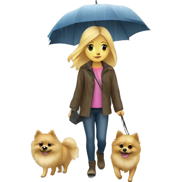 Blonde girl walking little pomeranian under the rain emoji