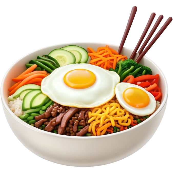 Cinematic Realistic Bibimbap Dish Emoji, showcasing a colorful bowl of mixed rice, assorted vegetables, beef, and a fried egg rendered with lifelike detail and vibrant, harmonious lighting. emoji
