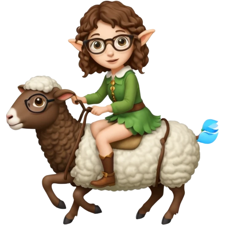 tiny forest elf woman brown wavy hair glasses riding a sheep emoji