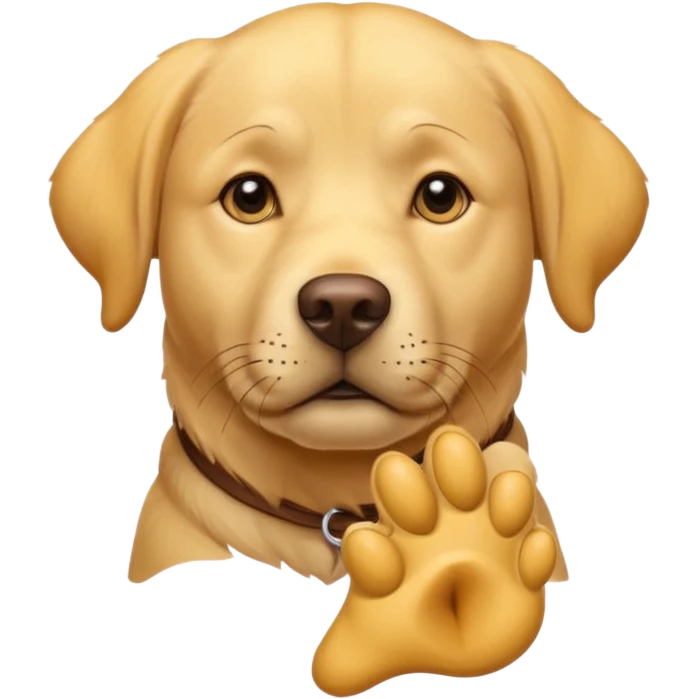 labrador retriever head, yellow fur, thinking pose with paw on chin emoji