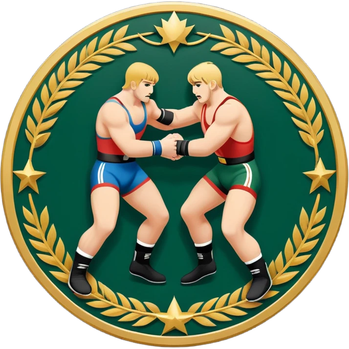 An icon symbolizing wrestling combat sports in the style of an emblem. The design features two wrestlers locked in a powerful grapple, one attempting to take the other down. Surrounding the scene are stylized elements like a championship belt, wrestling mat, and a laurel wreath.  emoji