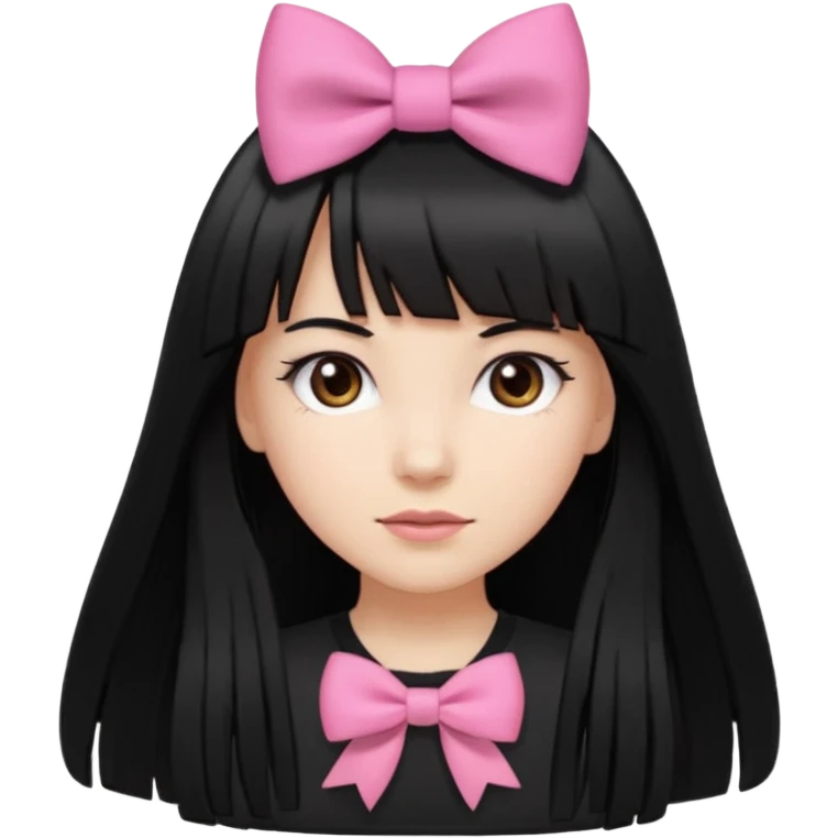 garota branca com cabelo longo, preto e franja reta, olhos castanhos, top preto e laço rosa no cabelo  emoji