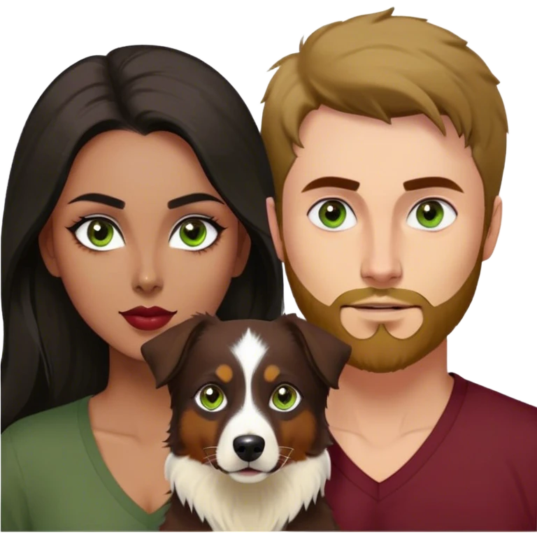 Thin white guy with beard and widows peak and green eyes and large pointy nose in olive green long sleeve AND One latina girl with long beautiful dark hair and dark eyes in a dark red v neck and makeup with her black tri colored  Australian shepherd large emoji