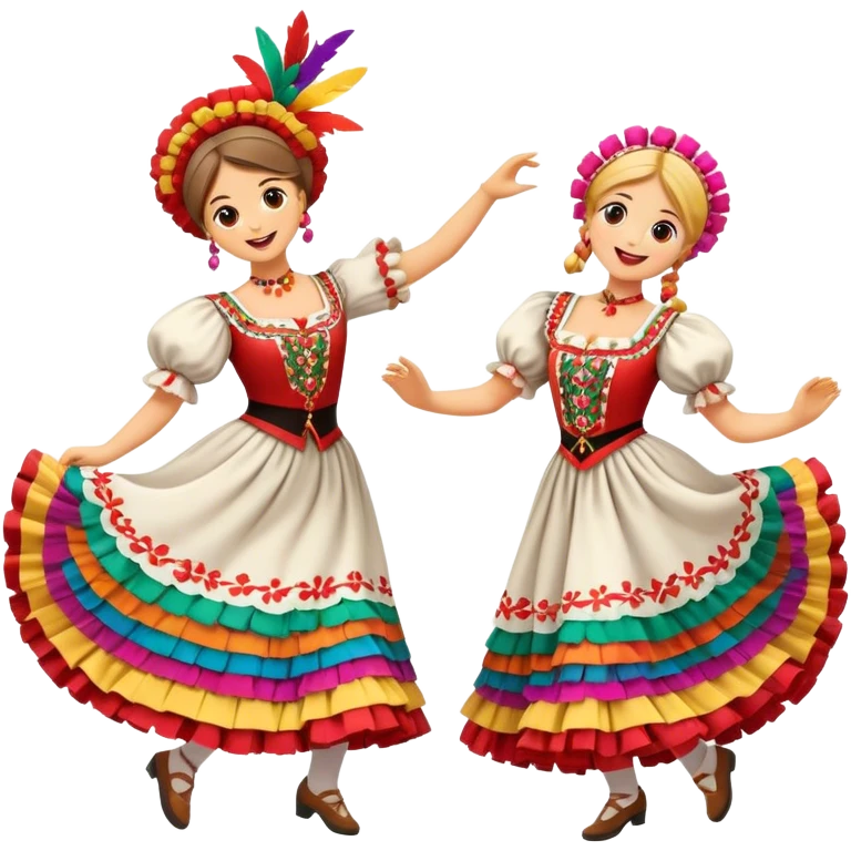 Cinematic Realistic Mazurka Dance Emoji, depicted as a lively traditional Polish folk dance scene with colorful costumes and spirited movement, rendered with dynamic textures and vibrant festive lighting that captures its rhythmic energy. emoji