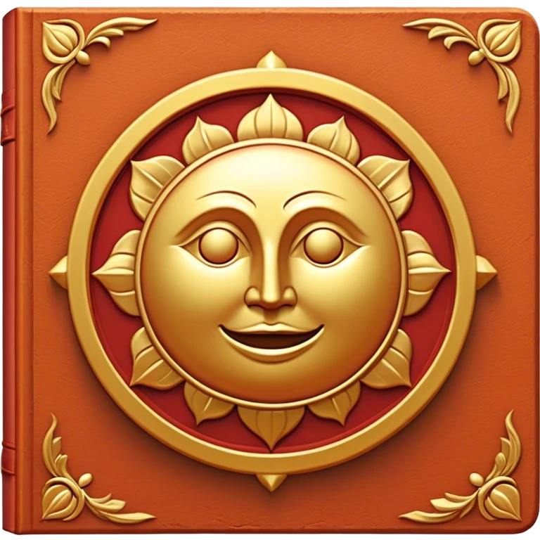 Un libro de cuero rojo terracota, con textura envejecida y bordes dorados desgastados. En la portada, un loto dorado en relieve, irradiando una aura cálida de sabiduría y transformación emoji