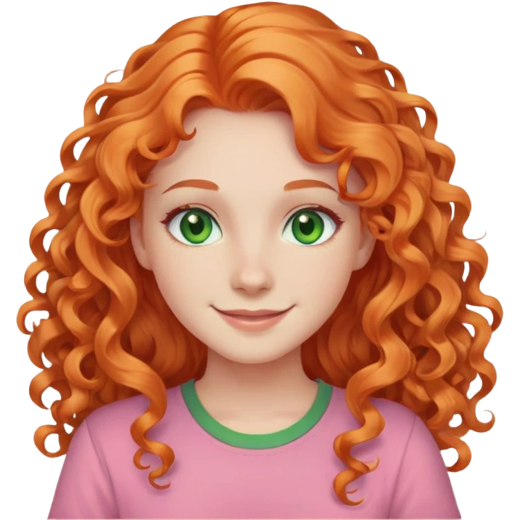 smiling pale girl with long curly orange hair, green eyes, pink shirt emoji