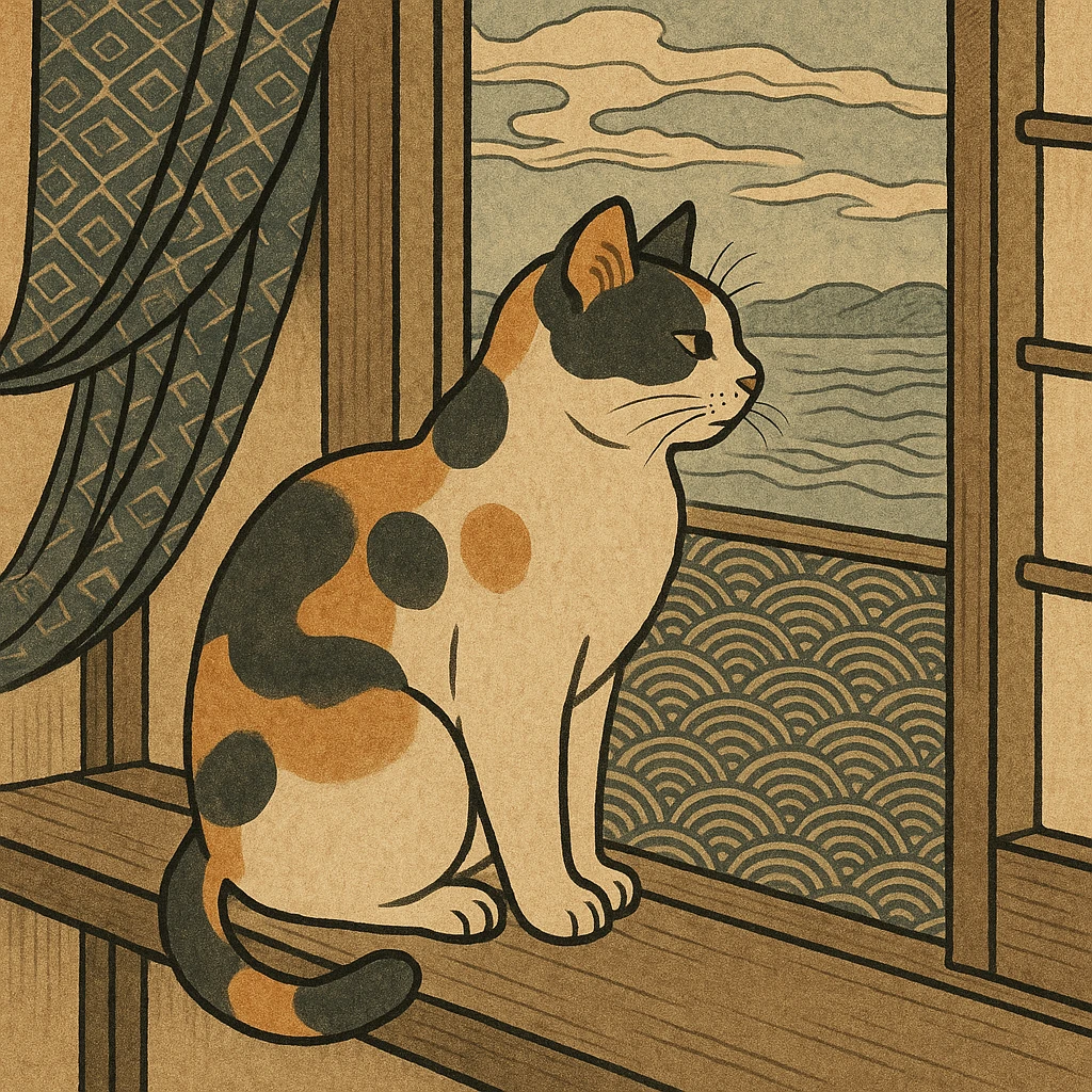 ukiyo-e style illustration of a cat sitting on a windowsill emoji