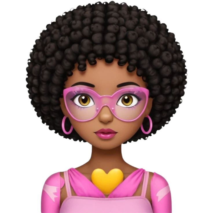 Dark brown skin girl with short black curly hair afro styled , she has pretty wispy cat eyelashes and is wearing a light pink tube top with lip gloss  emoji