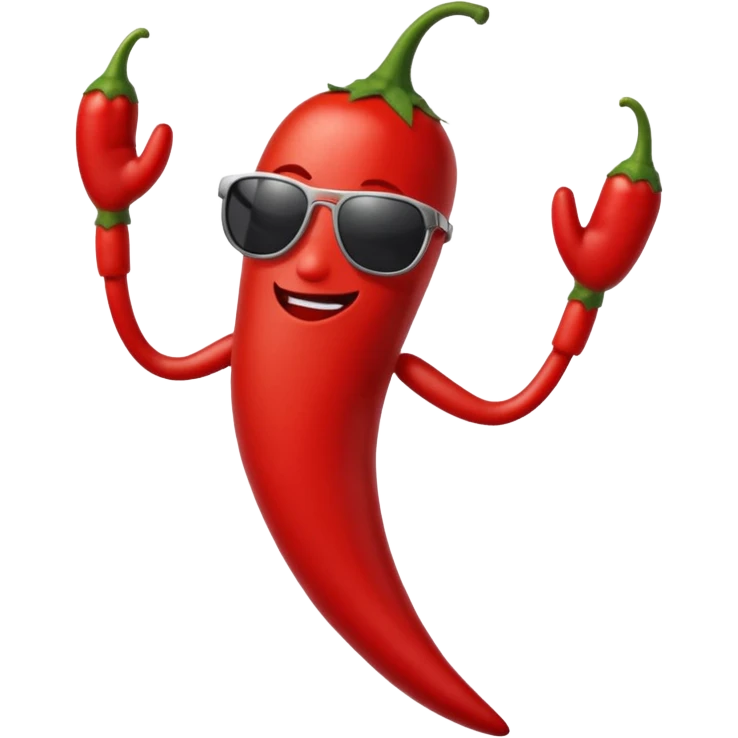 A chili pepper, with legs, arms, and a face. It can be seen wearing sunglasses emoji