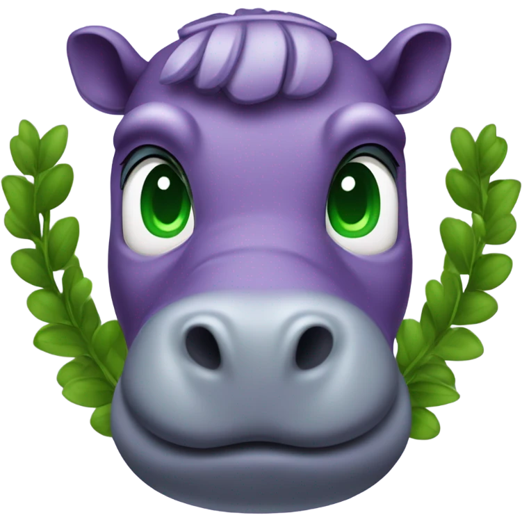 Waist-length purple hippopotamus with green eyes and a laurel wreath on its head emoji