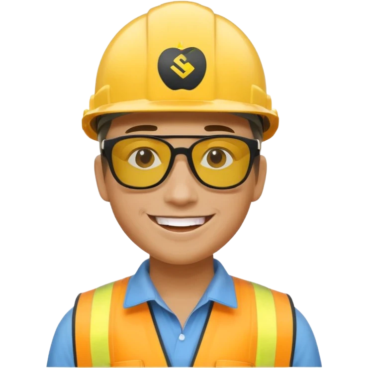 bonhomme avec un casque de chantier jaune, logo SRE visible, lunettes de soleil stylées, grand sourire, style emoji Apple emoji