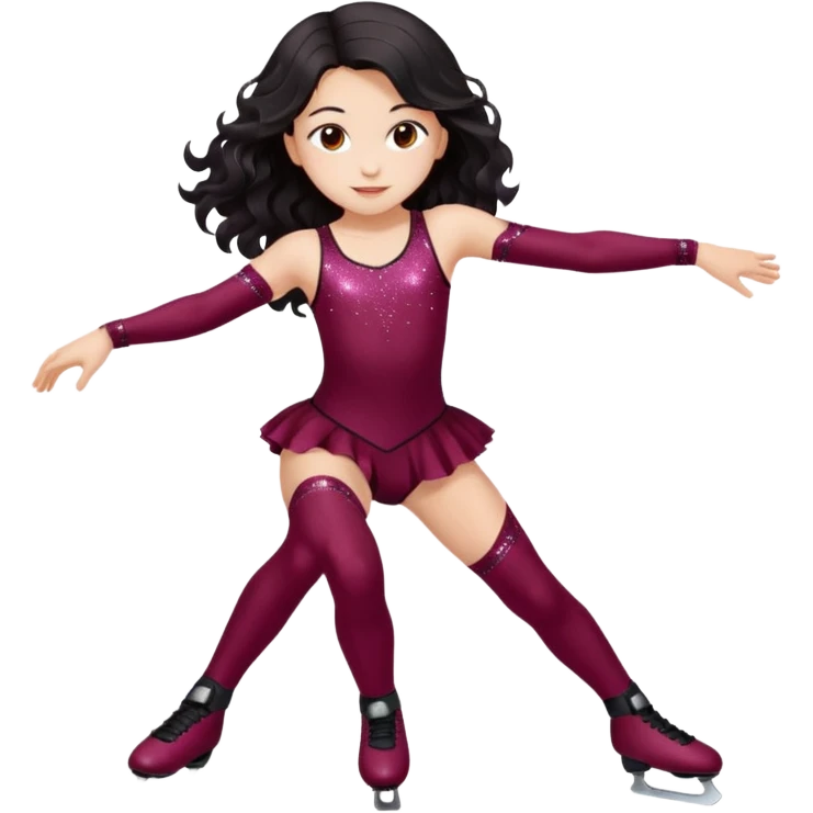 Una patinadora de 12 años y es morena de pelo y lleva un mallott granate con brillos y esta patinando con patines de ruedas en linea y su piel es clara y el pelo es largo negro ondulado emoji