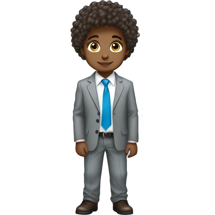 Little young  gentleman wearing a grey suit with white shirt and baby blue tie with blue eyes , black boy and brown curly hair and full body . Wearing a watch  emoji