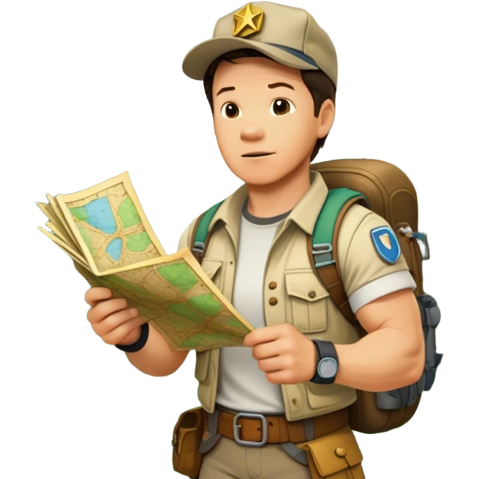 Icon for Adventure Movie: Mark Wahlberg among jungle in a jungle setting, holding a treasure map and surrounded by adventure gear. Behind him, ancient ruins rise through the dense foliage. Exciting, action-packed atmosphere with vivid jungle details. Transparent background. emoji