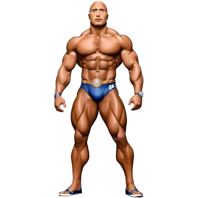 Dwayne Johnson, oiled and posing at the Mr. Universe bodybuilding championship, showcasing his muscular physique in an iconic display of strength. The background features the stage with judges and audience, capturing the intensity and prestige of the competition. Transparent background. emoji