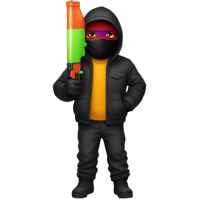 person with ski mask on wearing all black with a watergun emoji