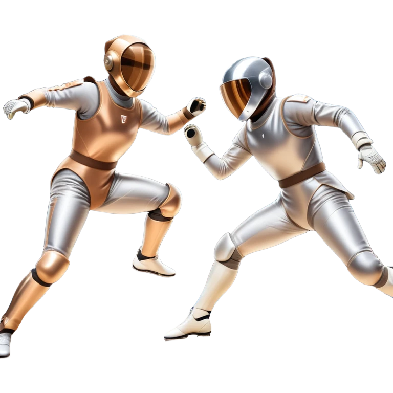 Two fencers in full protective gear duel on a professional piste, their foils clashing in mid-air. The background features a dynamic blur, symbolizing speed and precision. The scene is illuminated by bright arena lights, emphasizing the intensity of the match. Transparent background. emoji