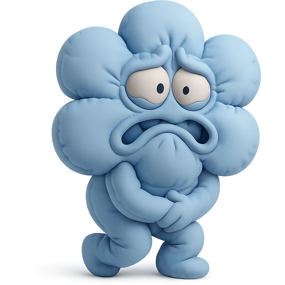 sky blue hydrangea flower with a twisted face and bulging eyes, holding its belly in a desperate toilet run, soft pastel shades, cushion style emoji