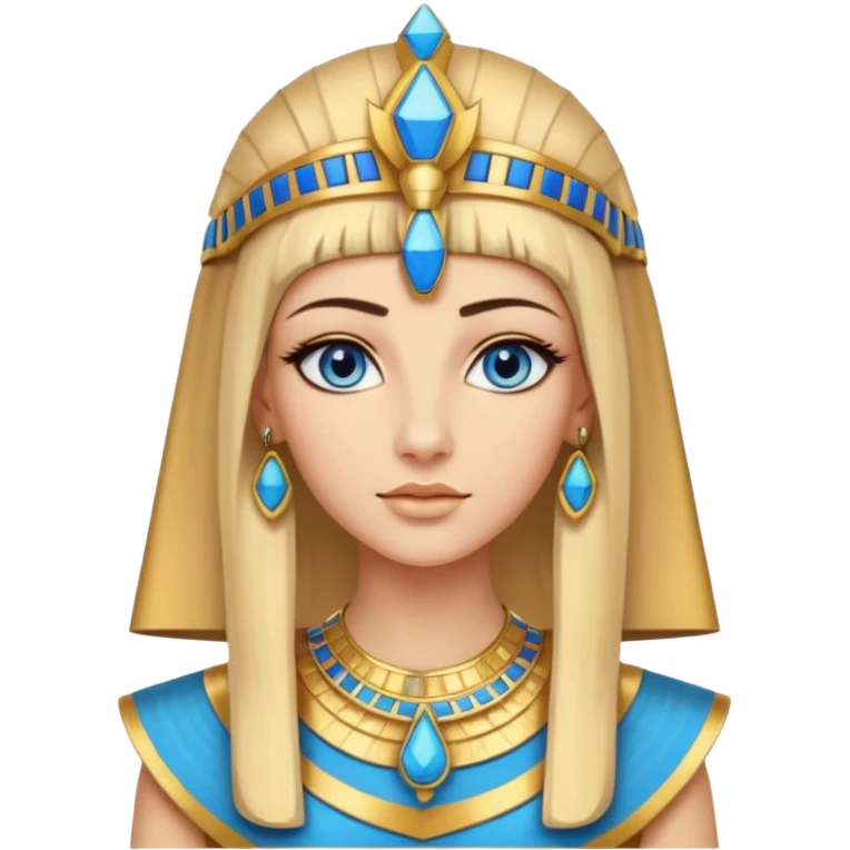 crea l'emoji di Cleopatra ma con i capelli biondi e gli occhi azzurri vestita da faraone con i gioielli egiziani e il cappello da faraone emoji