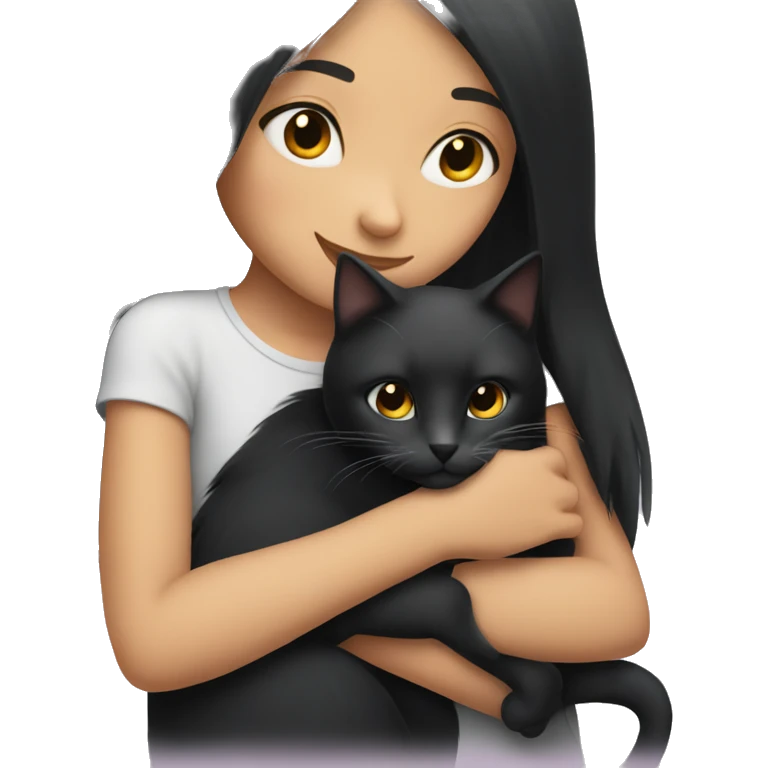 girl with very long black hair hugging a cat  emoji