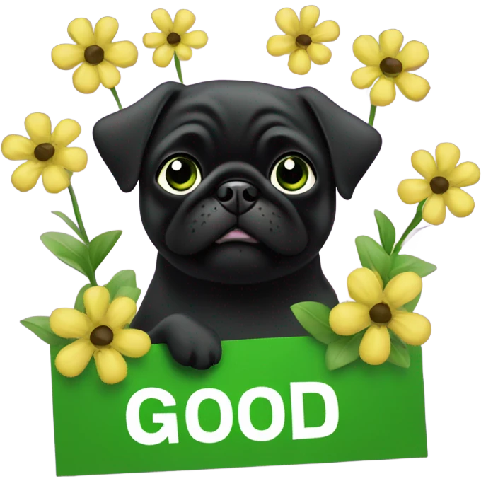 Black pug , surrounded by flowers, holding a green sign that says “good luck”  emoji