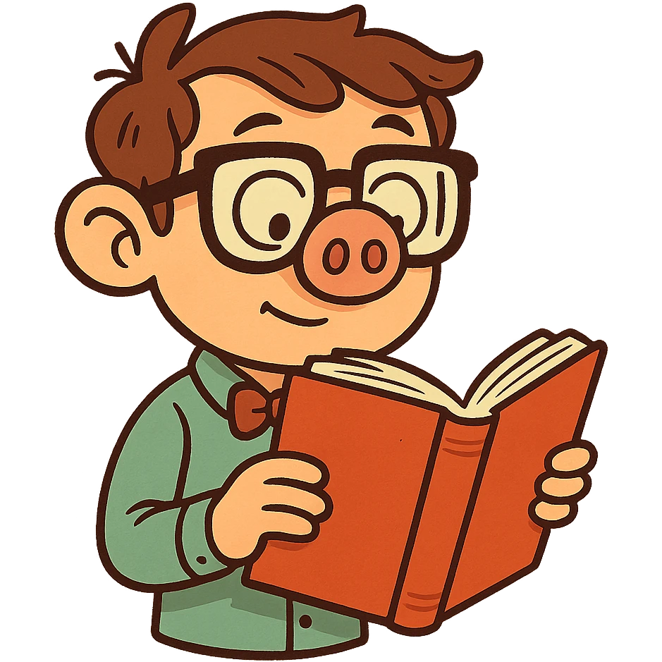 a cartoon nerd with a pig nose, holding a book emoji