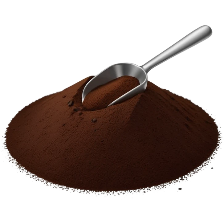 pile of ground coffee, rich dark brown, uneven surface, a few loose grains around, tiny metal coffee scoop partially placed in, clean minimal 3D, soft shadows, stylized for clarity, no packaging no cup no beans emoji