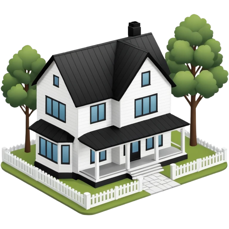 modern farmhouse with white siding and black trim, 3d isometric emoji