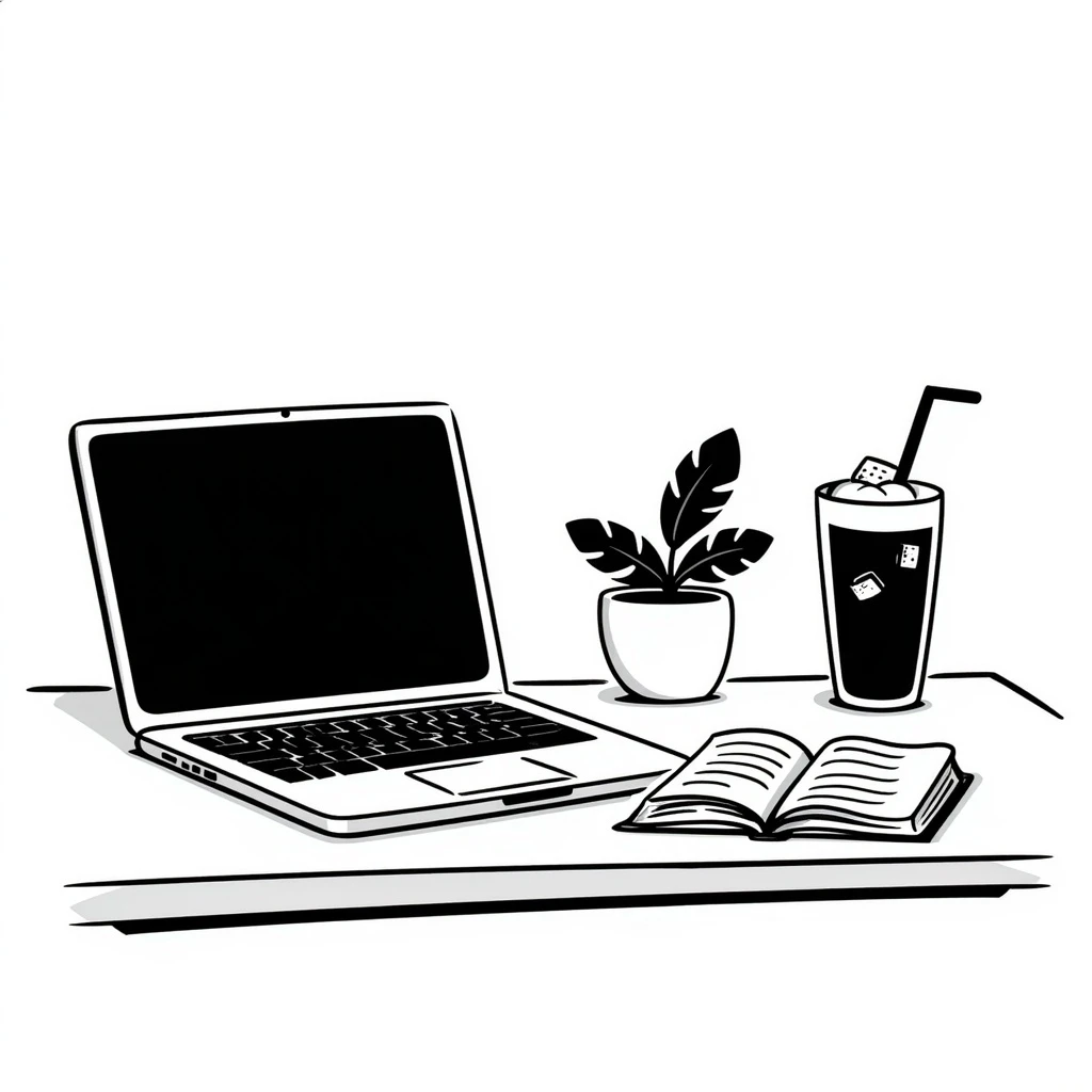A desk by the window with summer sunshine in the background. On the desk, there is a laptop, a cup of iced coffee, and a small plant. An opened book is also present. emoji